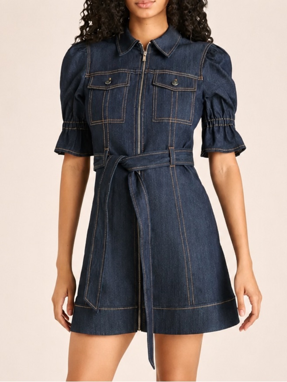Cinq Sept Holly Indigo Denim Puff Sleeve Belted Mini Dress | Size 14
